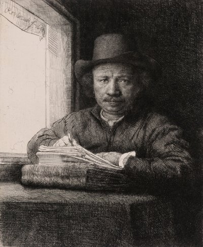 Self Portrait Drawing at a Window by Rembrandt van Rijn